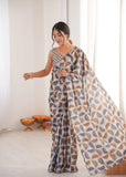 Beige Printed Saree with Mirror Border | Lightweight Festive Wear