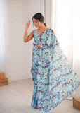 Blue Printed Saree with Mirror Border | Lightweight Festive Wear