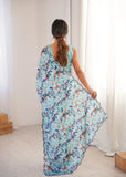 Blue Printed Saree with Mirror Border | Lightweight Festive Wear