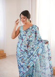 Blue Printed Saree with Mirror Border | Lightweight Festive Wear