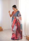 MultiColor Printed Saree with Mirror Border | Lightweight Festive Wear