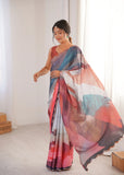 MultiColor Printed Saree with Mirror Border | Lightweight Festive Wear