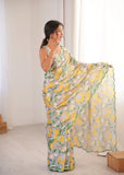 Grey Printed Saree with Mirror Border | Lightweight Festive Wear