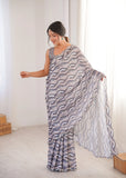 Grey Printed Saree with Mirror Border | Lightweight Festive Wear
