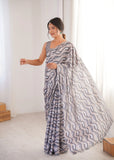 Grey Printed Saree with Mirror Border | Lightweight Festive Wear