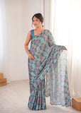 Blue Printed Saree with Mirror Border | Lightweight Festive Wear