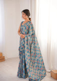 Blue Printed Saree with Mirror Border | Lightweight Festive Wear