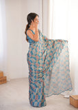 Blue Printed Saree with Mirror Border | Lightweight Festive Wear
