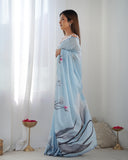 Sky Blue Floral Silk Saree with Mirror Work Scalloped Border & Blouse