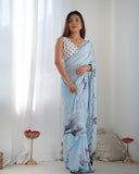 Sky Blue Floral Silk Saree with Mirror Work Scalloped Border & Blouse