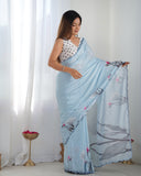 Sky Blue Floral Silk Saree with Mirror Work Scalloped Border & Blouse