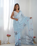 Sky Blue Floral Silk Saree with Mirror Work Scalloped Border & Blouse