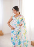 White Printed Saree with Mirror Border | Lightweight Festive Wear