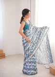 Blue Printed Saree with Mirror Border | Lightweight Festive Wear