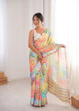 MultiColor Printed Saree with Mirror Border | Lightweight Festive Wear