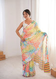 MultiColor Printed Saree with Mirror Border | Lightweight Festive Wear