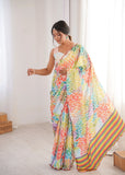MultiColor Printed Saree with Mirror Border | Lightweight Festive Wear