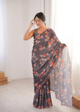 Charcoal Grey Printed Saree with Mirror Border | Lightweight Festive Wear