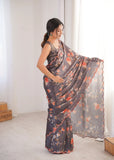 Charcoal Grey Printed Saree with Mirror Border | Lightweight Festive Wear