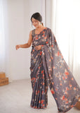 Charcoal Grey Printed Saree with Mirror Border | Lightweight Festive Wear