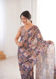 Beige Printed Saree with Mirror Border | Lightweight Festive Wear