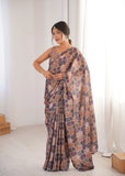 Beige Printed Saree with Mirror Border | Lightweight Festive Wear