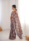 Beige Printed Saree with Mirror Border | Lightweight Festive Wear