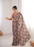 Beige Printed Saree with Mirror Border | Lightweight Festive Wear