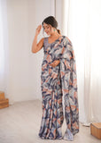 Grey Printed Saree with Mirror Border | Lightweight Festive Wear