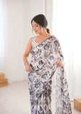 White Printed Saree with Mirror Border | Lightweight Festive Wear