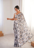 White Printed Saree with Mirror Border | Lightweight Festive Wear