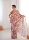 Peach Printed Saree with Mirror Border | Lightweight Festive Wear