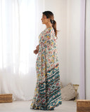 Multicolor Geometric Printed Silk Saree with Scalloped Mirror Lace Border & Blouse