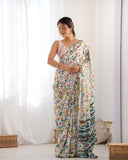 Multicolor Geometric Printed Silk Saree with Scalloped Mirror Lace Border & Blouse