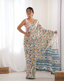 Multicolor Geometric Printed Silk Saree with Scalloped Mirror Lace Border & Blouse