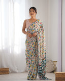 Multicolor Geometric Printed Silk Saree with Scalloped Mirror Lace Border & Blouse