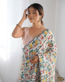 Multicolor Geometric Printed Silk Saree with Scalloped Mirror Lace Border & Blouse