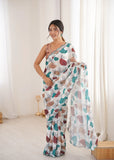 White Printed Saree with Mirror Border | Lightweight Festive Wear