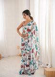 White Printed Saree with Mirror Border | Lightweight Festive Wear