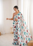 White Printed Saree with Mirror Border | Lightweight Festive Wear