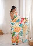 White Printed Saree with Mirror Border | Lightweight Festive Wear
