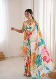 White Printed Saree with Mirror Border | Lightweight Festive Wear