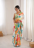 White Printed Saree with Mirror Border | Lightweight Festive Wear