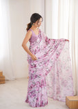 Lavender Printed Saree with Mirror Border | Lightweight Festive Wear