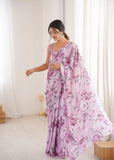 Lavender Printed Saree with Mirror Border | Lightweight Festive Wear