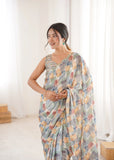 Sea Green Printed Saree with Mirror Border | Lightweight Festive Wear
