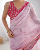 Pastel Pink Floral Printed Silk Saree with Scalloped Mirror Lace Border & Blouse