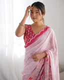 Pastel Pink Floral Printed Silk Saree with Scalloped Mirror Lace Border & Blouse