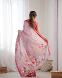 Pastel Pink Floral Printed Silk Saree with Scalloped Mirror Lace Border & Blouse