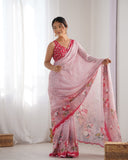 Pastel Pink Floral Printed Silk Saree with Scalloped Mirror Lace Border & Blouse